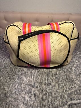 Parker and Hyde Cream Tote/Tennis Bag with Pink & Orange Stripe